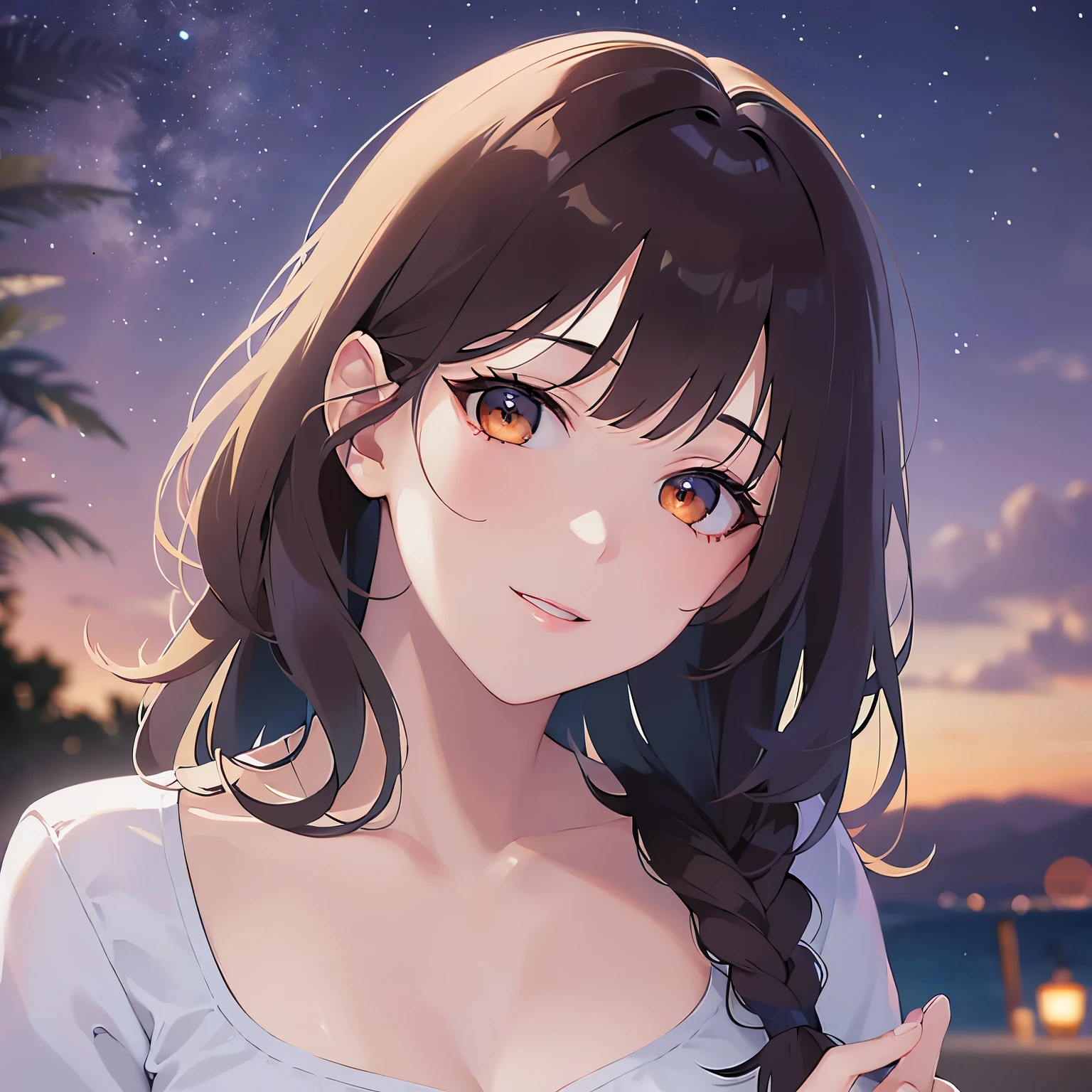 lookin at viewer,upper Body, Looking up、head tilt、
Realistic, real person, (pale skin: 1.2), RAW photo, photorealistic, shiny skin, shiny hair、
(A 25-year-old woman with bob hair and bangs) and (wavy hair) and (brown hair) and (Orange Eyes)、(white) and (T-Shirts)、(Cleavage:1.5)、
smile,Midnight in the Park、(Night Sky:1.5)、star