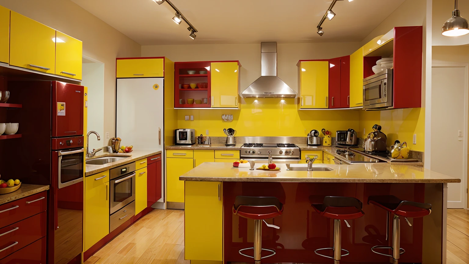 Vibrant Red and Yellow Parallel Kitchen Design