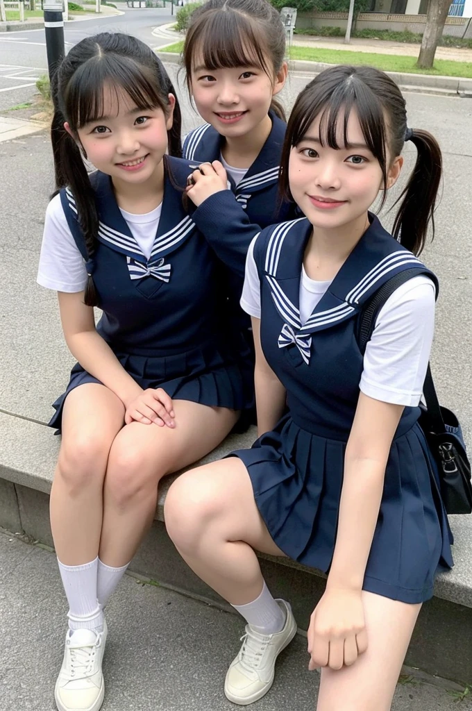 {2 | 3} girls on bench in school street,sailor shirt,navy blue pleated skirt,school bag,18-year-old,bangs,a little smile,thighs,knees,short hair with low pigtails bunches,from below,front light