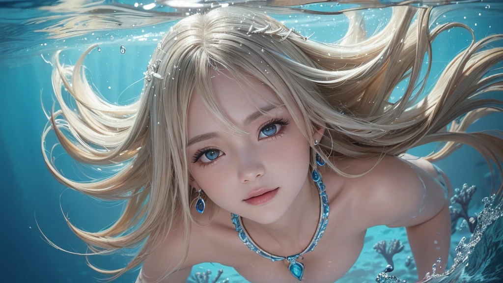 (Highest Quality Realistic Textured Skin),(terrible),(OK, round, Symmetrical eyes),Delicate facial features,(Burning bright cold eyes),(She has a mischievous smile),(Her face is kind and beautiful),Glass earrings in the ears,,(blonde),(Silvery white hair),(Chestnut Hair),(Swim at the bottom of the ocean),(Full body portrait:1.5),(Dramatic Photos:1.4),(Dramatic Pose),(Flashy photos)(look up),(Looking down),(Around her neck is a simple necklace made with exquisite craftsmanship.),Cluttered photos,(Hair flowing in water:1.5),(Underwater, Life at sea, 美しいCoral Reef, fish),(Background vortices and currents),(Dramatic Light),(Nice views),(美しいfishに囲まれて),遠くの背景にはCoral Reefに沈んだ寺院が見える,Coral Reef,Spectacular realism,Cinematic atmosphere,(High-density image review:1.5),(Soft colors:1.2),Very detailed,Dramatic Light,(Intricate details:1.1),Complex background,