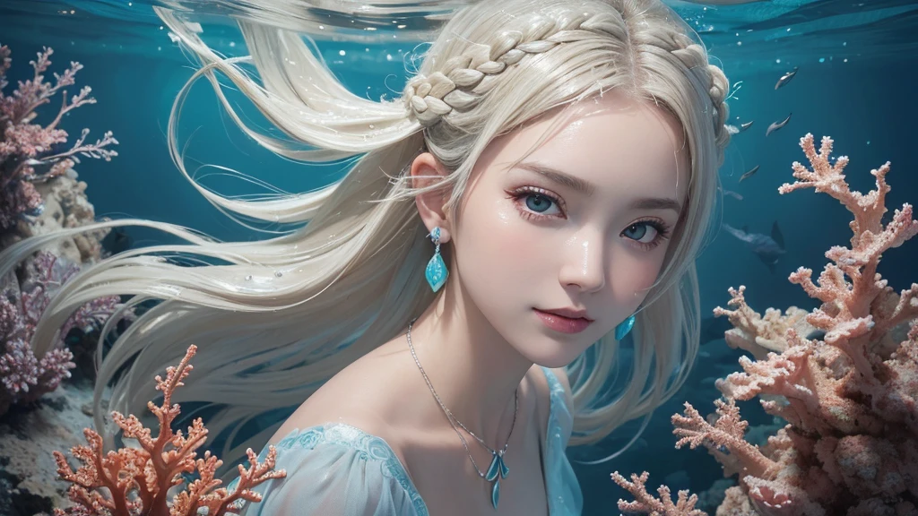 (Highest Quality Realistic Textured Skin),(terrible),(OK, round, Symmetrical eyes),Delicate facial features,(Burning bright cold eyes),(She has a mischievous smile),(Her face is kind and beautiful),Glass earrings in the ears,,(blonde),(Silvery white hair),(Chestnut Hair),(Swim at the bottom of the ocean),(Full body portrait:1.5),(Dramatic Photos:1.4),(Dramatic Pose),(Flashy photos)(look up),(Looking down),(Around her neck is a simple necklace made with exquisite craftsmanship.),Cluttered photos,(Hair flowing in water:1.5),(Underwater, Life at sea, 美しいCoral Reef, fish),(Background vortices and currents),(Dramatic Light),(Nice views),(美しいfishに囲まれて),遠くの背景にはCoral Reefに沈んだ寺院が見える,Coral Reef,Spectacular realism,Cinematic atmosphere,(High-density image review:1.5),(Soft colors:1.2),Very detailed,Dramatic Light,(Intricate details:1.1),Complex background,