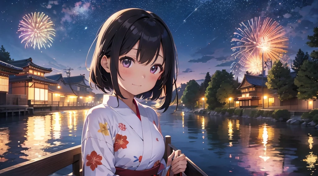 Japanese Fireworks、Date、Girl in yukata、A bright and proactive girl、Girl alone、Meeting、Night Sky、Fireworks display on the riverbank、painful、Night Sky、Once a year、wish、forever
