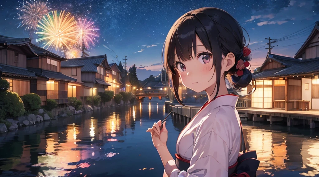 Japanese Fireworks、Date、Girl in yukata、A bright and proactive girl、Girl alone、Meeting、Night Sky、Fireworks display on the riverbank、painful、Night Sky、Once a year、wish、forever