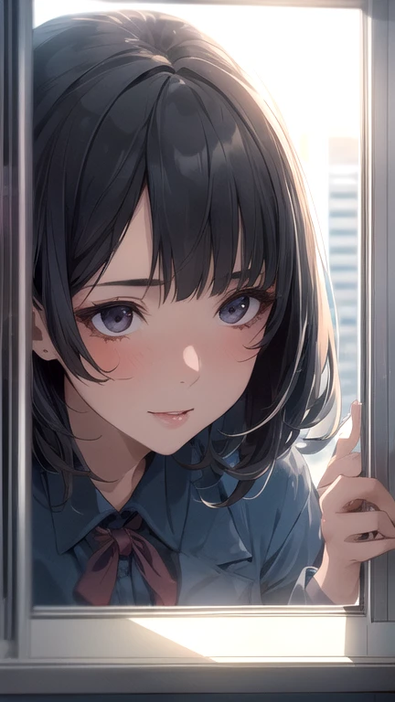 One girl, Mature Woman, Best, bow, Highest quality, employment, Detailed face, office, Building seen from the window, Detailed Background, Diffused sunlight, Depth of written boundary, Bokeh