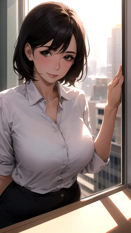 One girl, Mature Woman, Best, bow, Highest quality, employment, Detailed face, office, Building seen from the window, Detailed Background, Diffused sunlight, Depth of written boundary, Bokeh