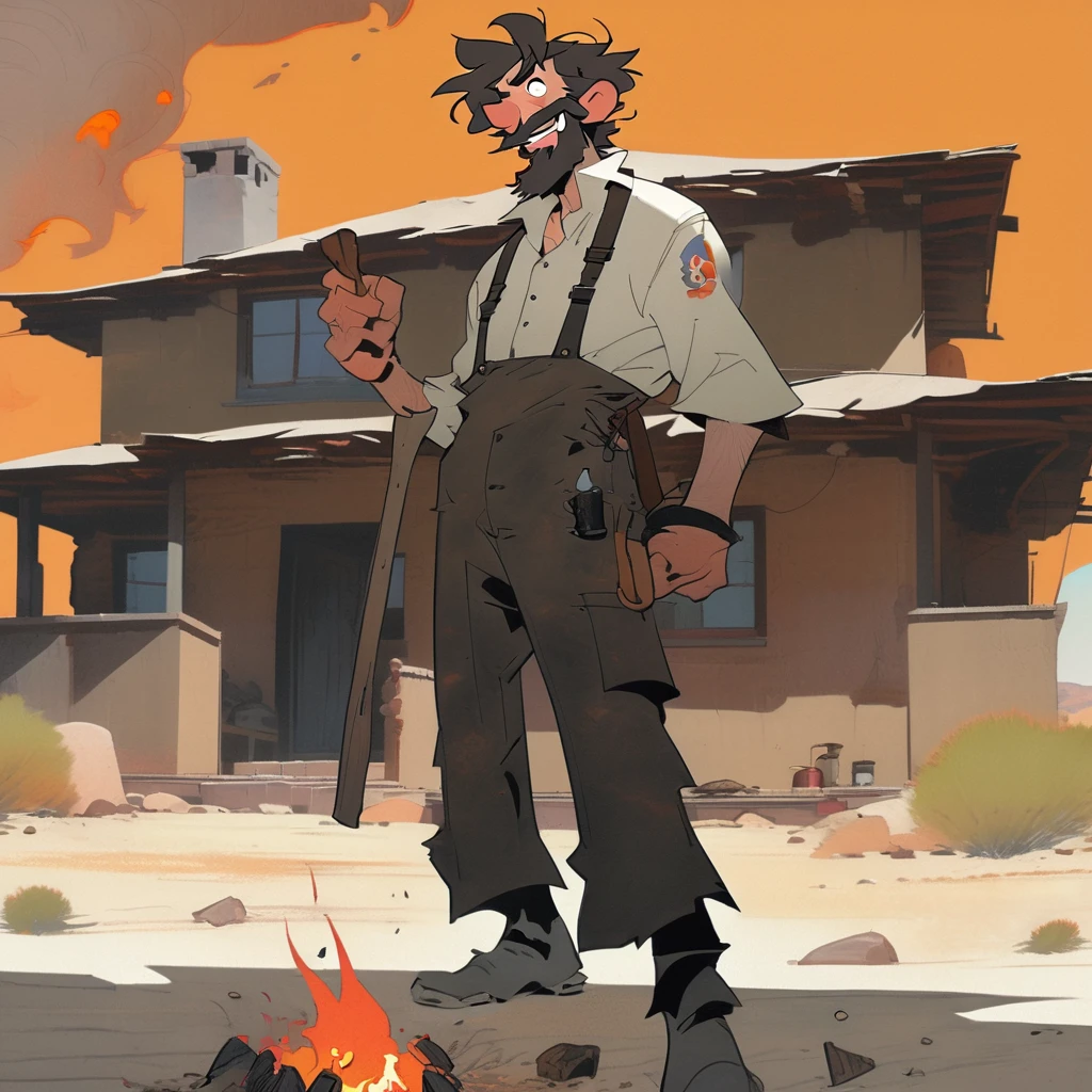 1man, Western, black wavy Messy hair, burnt hair, Leather apron, White button-down shirt, black pants patched, Failed beard, young adult, Thin, full body, Holding a Dynamite bomb, outside a house in the desert, Dirty with soot, Laughing, explosives, dynamite, Hunchback, Poorly groomed beard, failed beard, Gunpowder, pile of explosives, stick of dynamite 