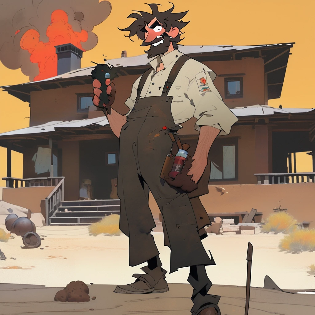 1man, Western, black wavy Messy hair, burnt hair, Leather apron, White button-down shirt, black pants patched, Failed beard, young adult, Thin, full body, Holding a Dynamite bomb, outside a house in the desert, Dirty with soot, Laughing, explosives, dynamite, Hunchback, Poorly groomed beard, failed beard, Gunpowder, pile of explosives, stick of dynamite 