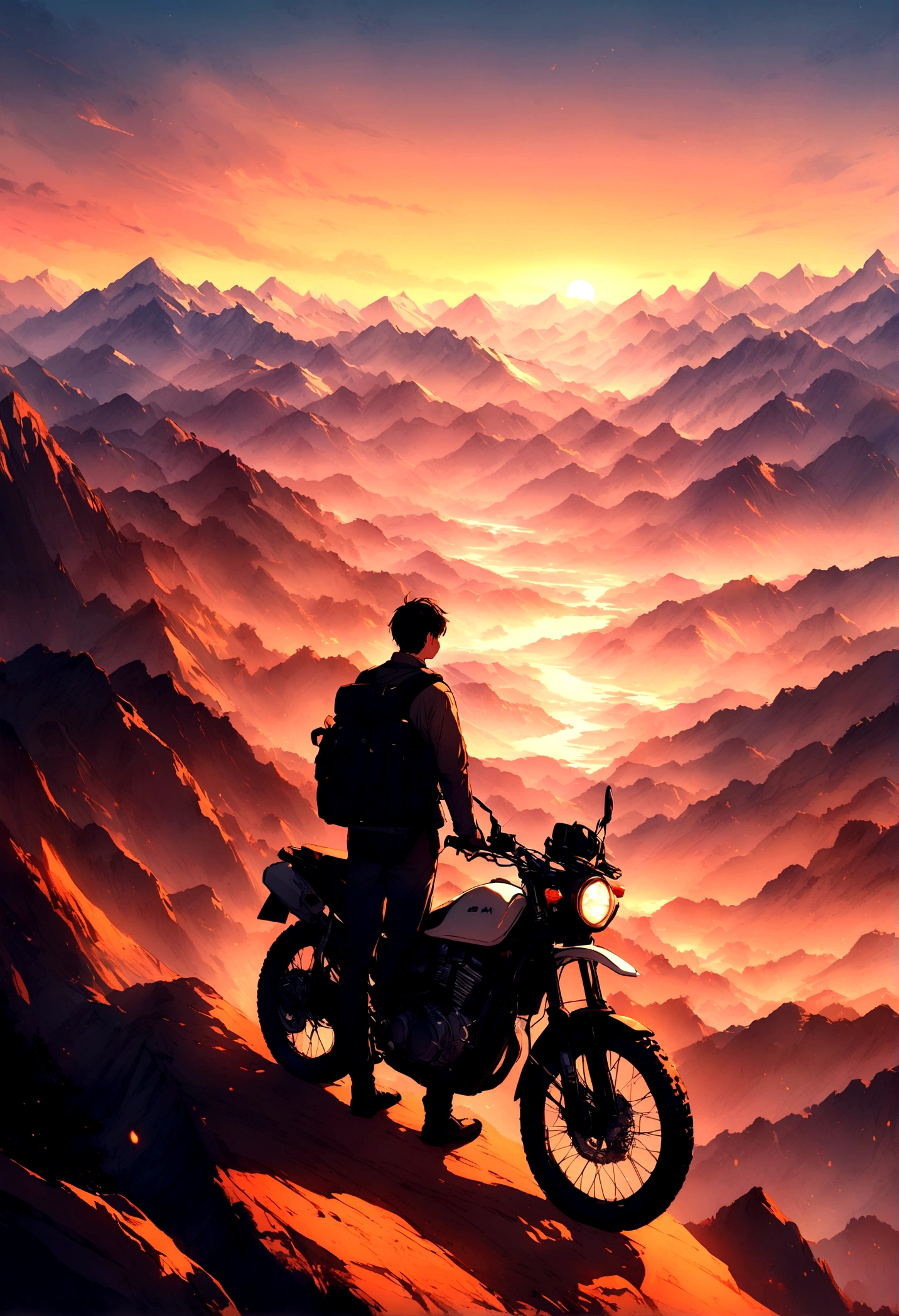 "Create a stunning hyper-realistic landscape featuring an anime-inspired sky at sunset, adorned with majestic mountains. In the foreground, depict a young man standing proudly next to his bike, capturing the essence of adventure and tranquility,