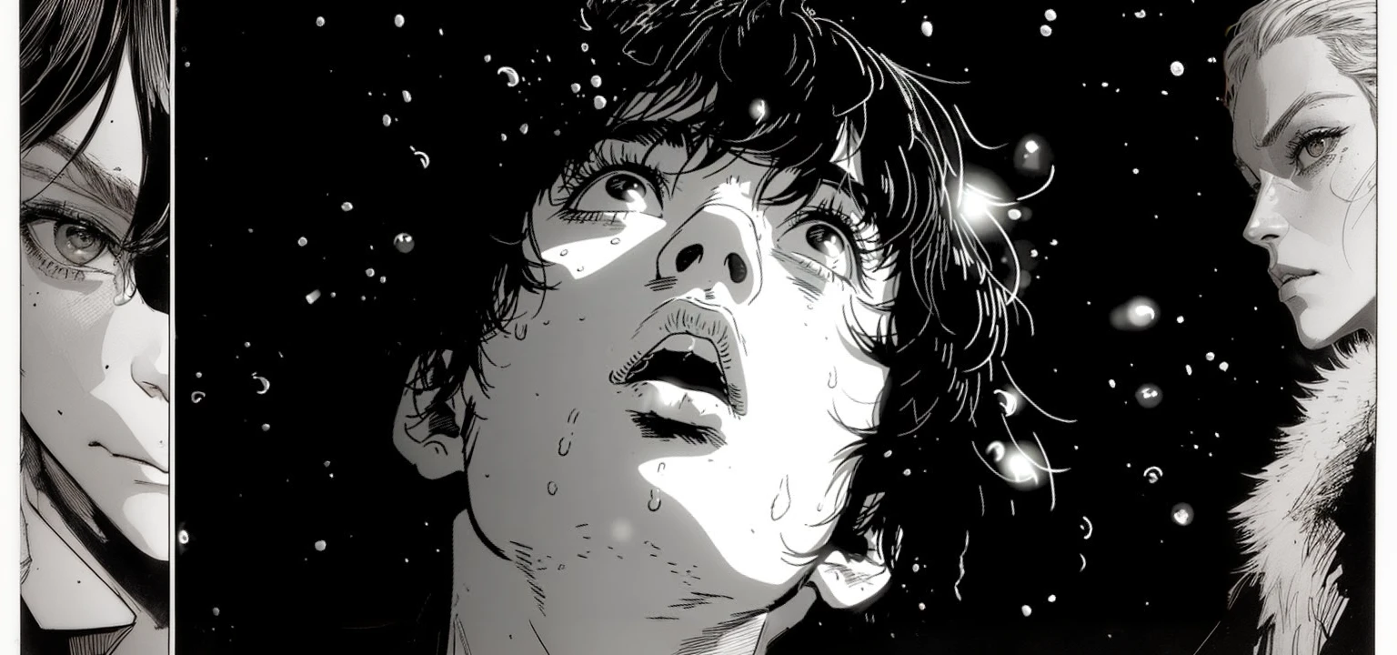 Image of a man with a surprised look on his face, in style of Laurie Greasley, Martin then, by satoshi kon, the comic book sandman, style of Guido Crepax, Laurie Greasley, official illustration, graphic novel art, Guido Crepax, tint and screentone, Frenetic art style, graphic novel style