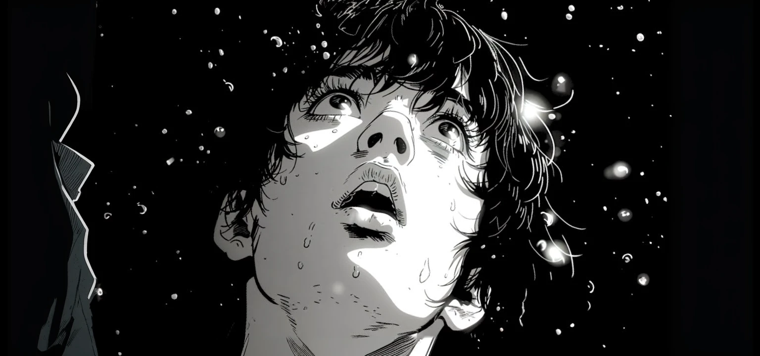 Image of a man with a surprised look on his face, in style of Laurie Greasley, Martin then, by satoshi kon, the comic book sandman, style of Guido Crepax, Laurie Greasley, official illustration, graphic novel art, Guido Crepax, tint and screentone, Frenetic art style, graphic novel style