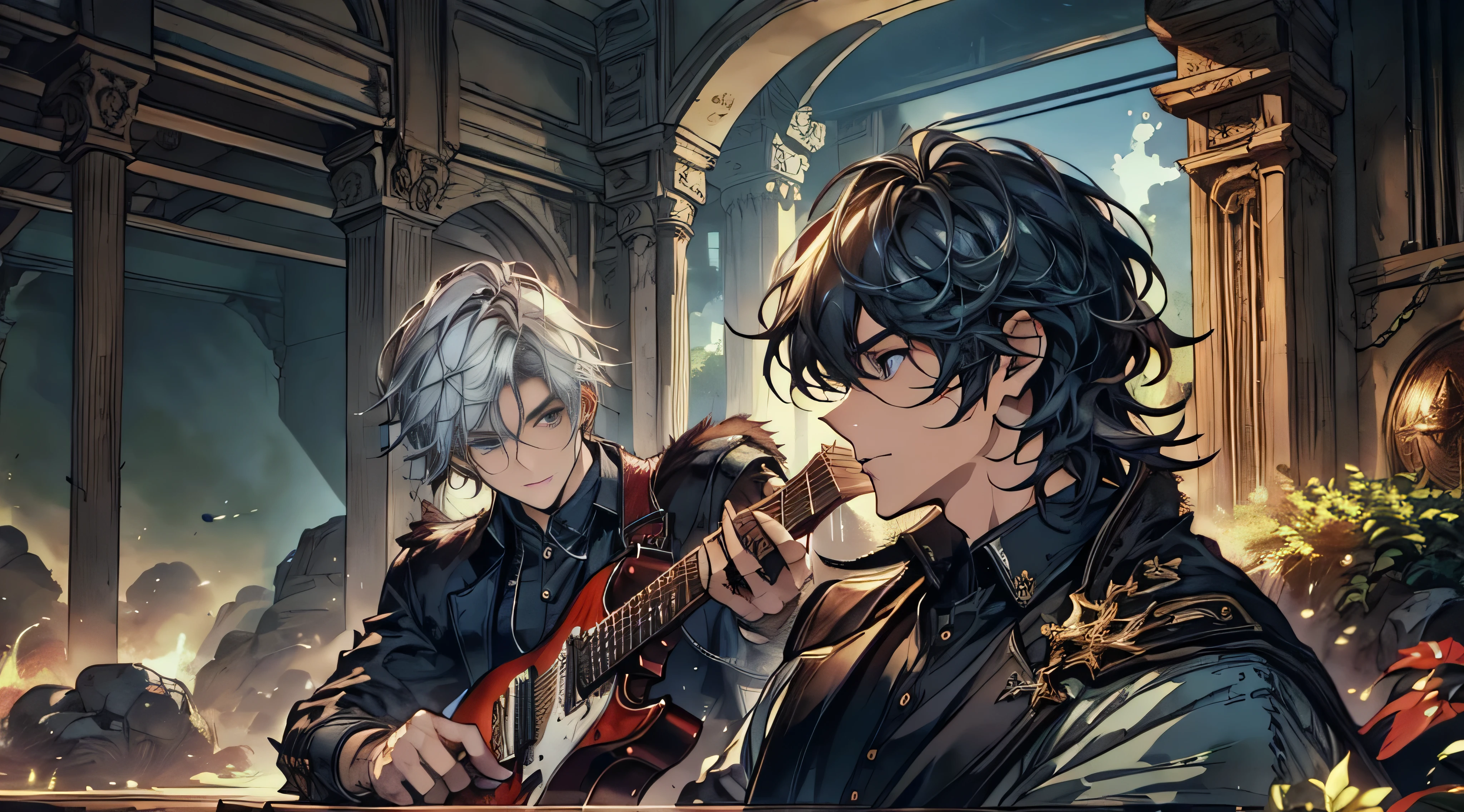 "best quality , High quality , The best details ,Portrait of two passionate guitar brothers, in the bedroom,A place where sunlight shines through , Create a play of light and shadow.. Guitarist holding a wooden guitar, inside the room, striking black shirt. Mesmerizing performance moments, Musicians immerse themselves in music.,beautiful sky,a young man,short black hairstyle, blue eyes, handsome,elder brother,Wear a wedding ring on the finger,มีmanอีกคน,younger brother,man(The second one.)white hair, blue eyes"