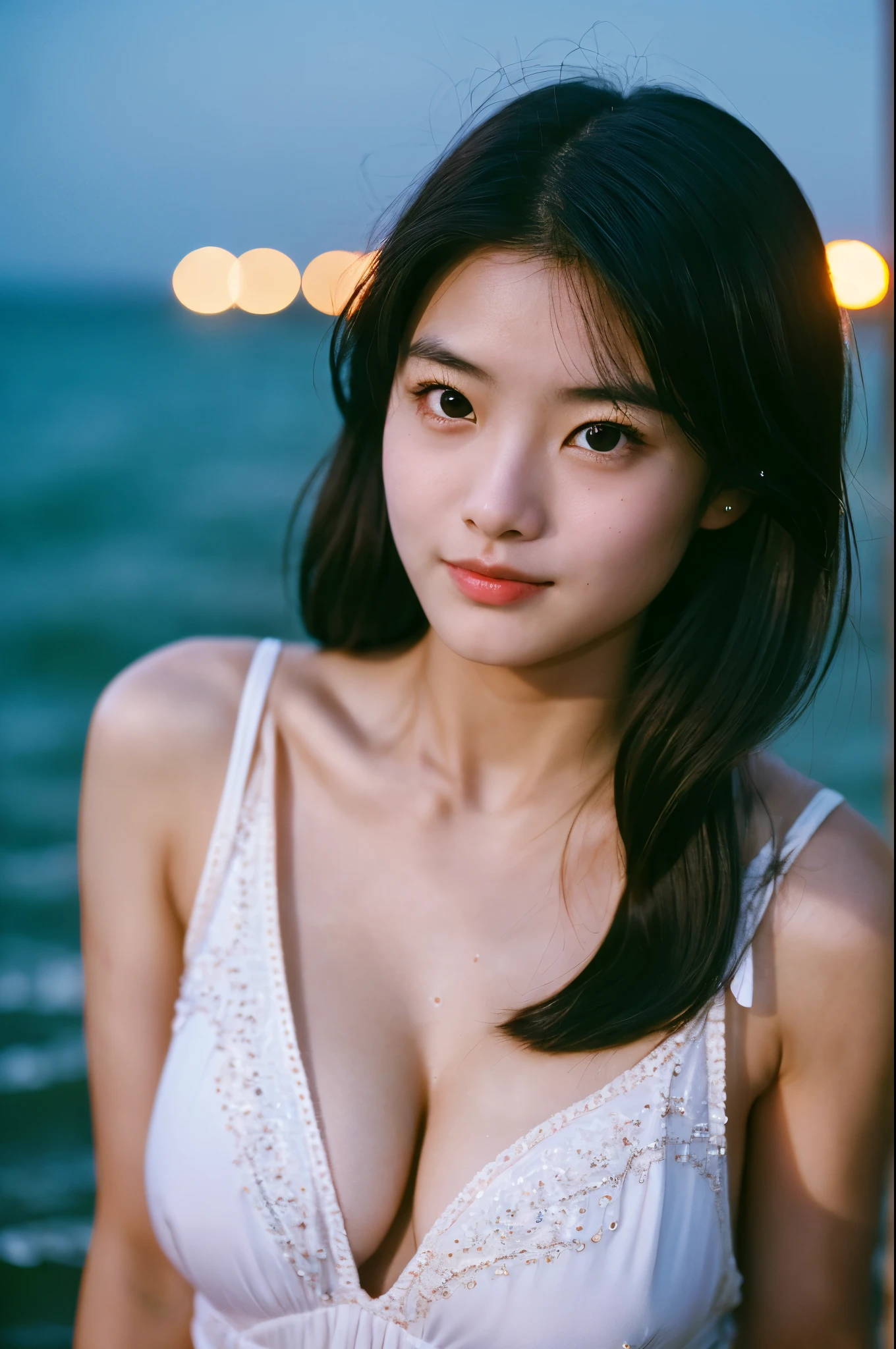 A very cute face like an idol、One 20-year-old woman with a youthful appearance、((leica 50 mm prime lens, cinestill 800T film))、(Cleavage)、(((Beautiful starry sky on the beach at night)))、((Very dim lighting))、((Don't expose your face to the light))、((Long-distance shot))、(live-actionと見分けがつかない高品質)、RAW Photos、Genuine、live-action、(Artistic Expression)、High resolution、masterpiece