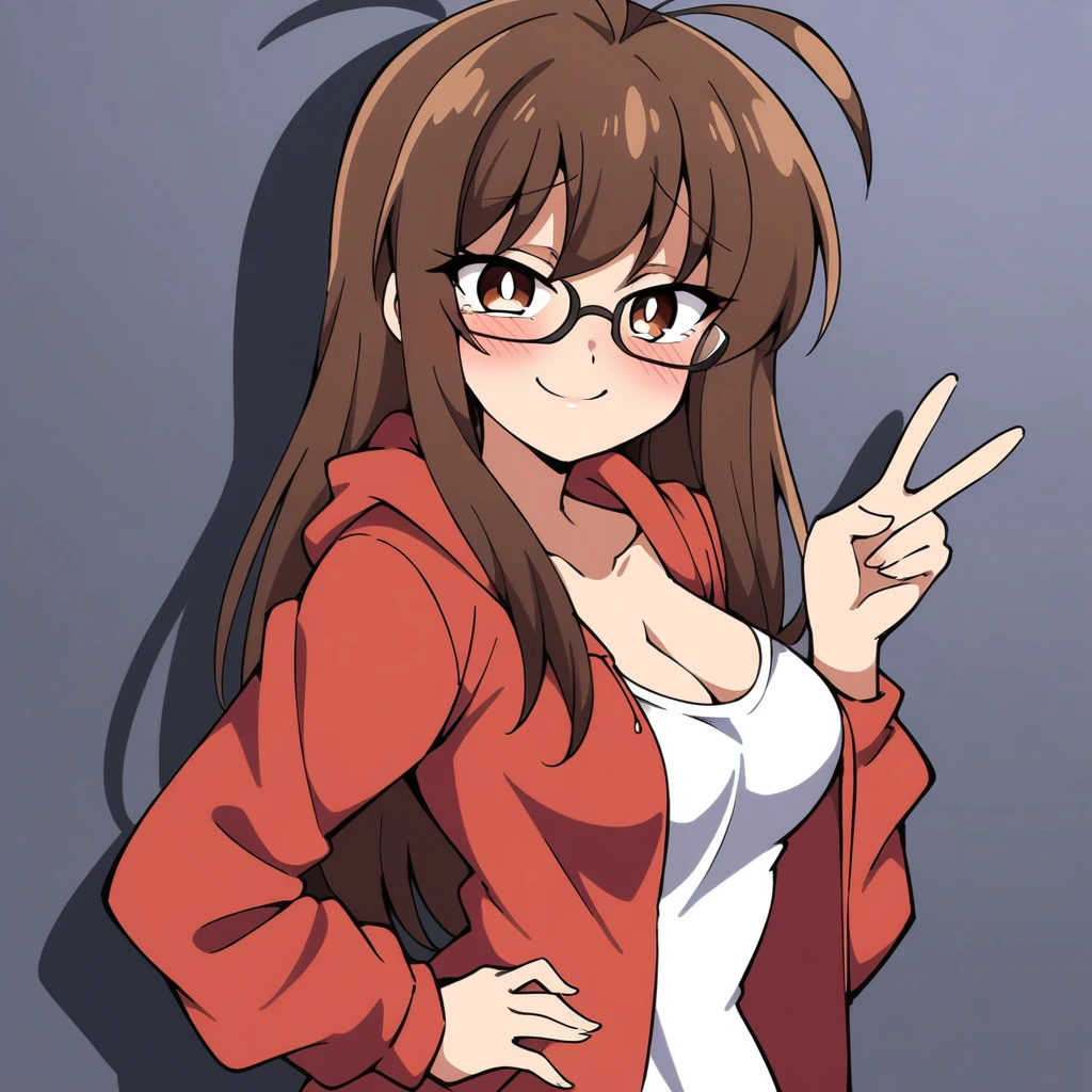 (mix1), anime art style, 2d, masterpiece, best quality, very aesthetic, absurdres, dynamic shadows, atmosferic, (1girl), (brown hair), antenna hair, long hair, brown eyes, eyeslashes, detailed eyes, glasses, ahoge, bangs, medium breasts, cleavage, collarbone, makeup, intense blush, red hoodie, white shirt, open clothes, sexy smile, standing, v, hands on own hip, (upper body), from side, looking at viewer, simple background, ((white background))