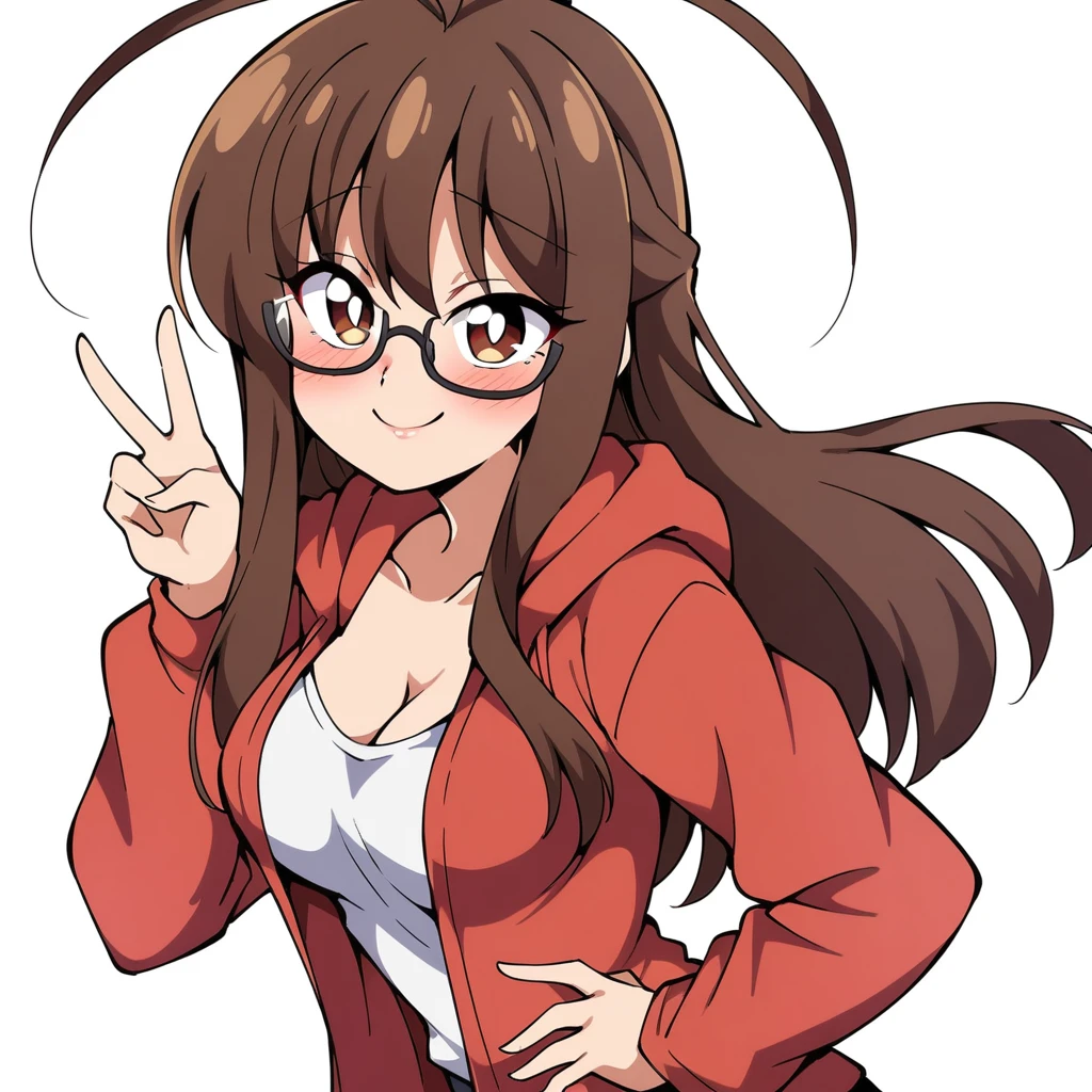 (mix1), anime art style, 2d, masterpiece, best quality, very aesthetic, absurdres, dynamic shadows, atmosferic, (1girl), (brown hair), antenna hair, long hair, brown eyes, eyeslashes, detailed eyes, glasses, ahoge, bangs, medium breasts, cleavage, collarbone, makeup, intense blush, red hoodie, white shirt, open clothes, sexy smile, standing, v, hands on own hip, (upper body), from side, looking at viewer, simple background, ((white background))