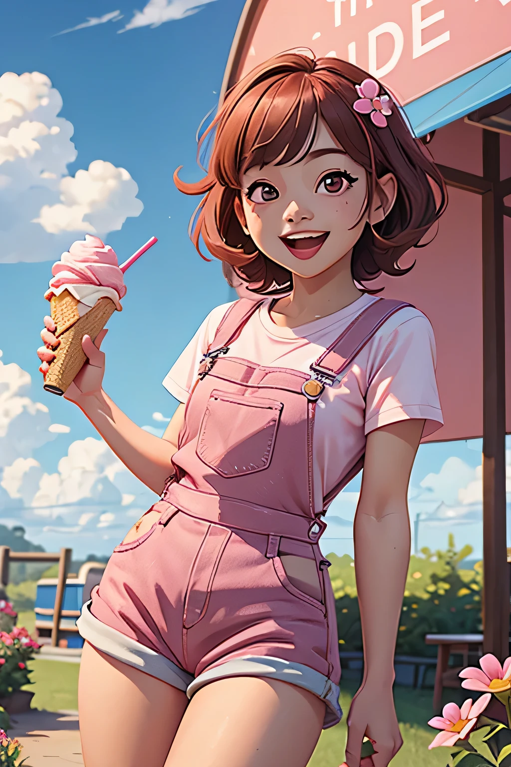 masterpiece,best quality, 1girl,solo,haru urara,overalls,overall shorts,flower-shaped pupils,,pink shirt,holding ice cream,(horse tail:0.6),smile,open mouth,cloudy, 