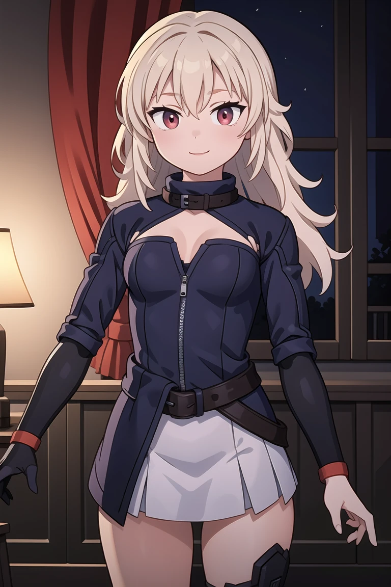 (masterpiece,best quality,ultra highres,ultra detail,novel illustration:1.4),1girl,cowboy shot,ard3nSW,nikkesw,Yang_RWBY,mechanical arm,single mechanical arm,prosthesis,white hair,red eyes,long hair,flat chest,smile,frilled dress