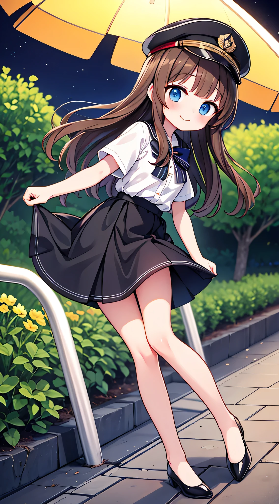{Highest quality}, {Super beautiful},{Ultra fine},{Best illustration},Brown Hair,Hime cut,semi-long,Bangs,Standing Woman,Uniform cap,White Shirt,Short sleeve,Long black skirt,Night Park,Embarrassed,smilingly,Blushing,Slender women, A woman wearing plain black pumps,Bare feet and pumps,From an angle,From above