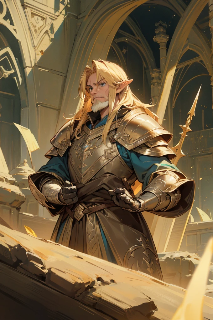 masterpiece, best quality, ultra high resolution, 1man, elven armor, male, fantasy illustration, elf, pointy ears, (old man), art by Kinema Citrus, (dirty blonde hair), blue eyes, wrinkles, signs of aging, beard