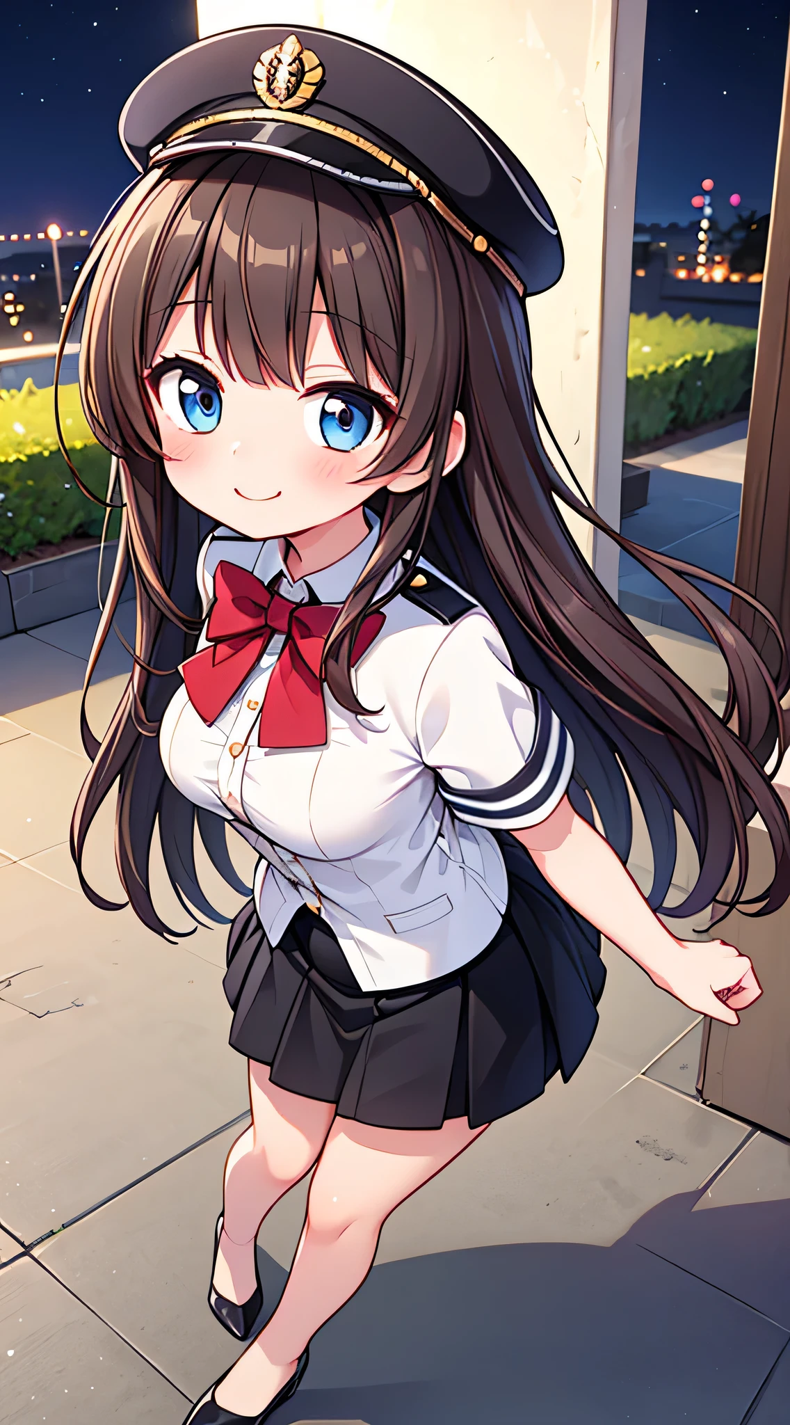 {Highest quality}, {Super beautiful},{Ultra fine},{Best illustration},Brown Hair,Hime cut,semi-long,Bangs,Standing Woman,Uniform cap,White Shirt,Short sleeve,Long black skirt,Night Park,Embarrassed,smilingly,Blushing,Slender women, A woman wearing plain black pumps,Bare feet and pumps,From an angle,From above