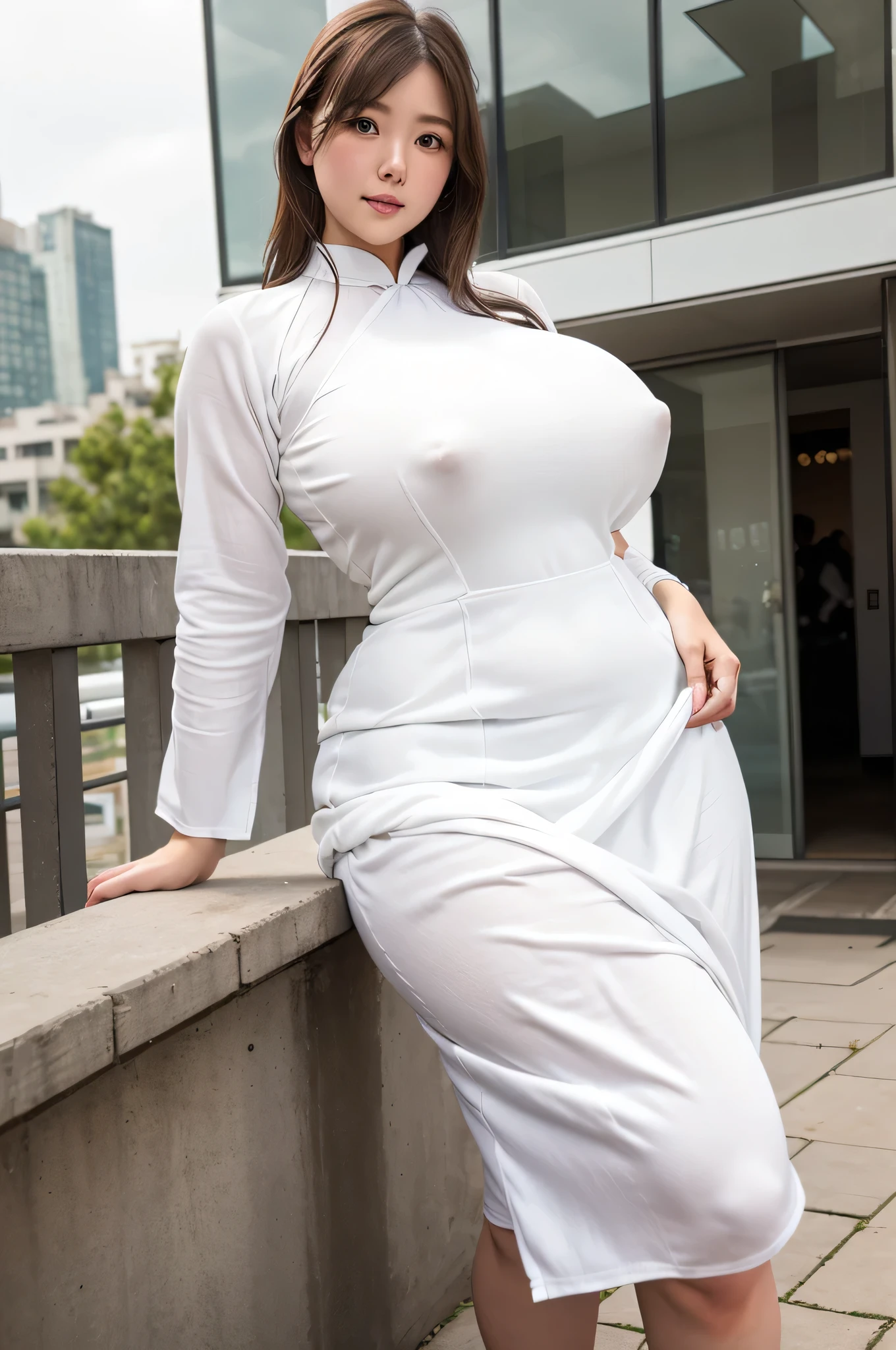 8K,high quality,high resolution,(tall),(Chubby),(Beautiful woman),(Brown Hair),(buzzer),(Cityscape),(White Ao Dai:1.3),(White ao dai:1.3),(Natural composition),(Big Breasts),(),(),(),(),,