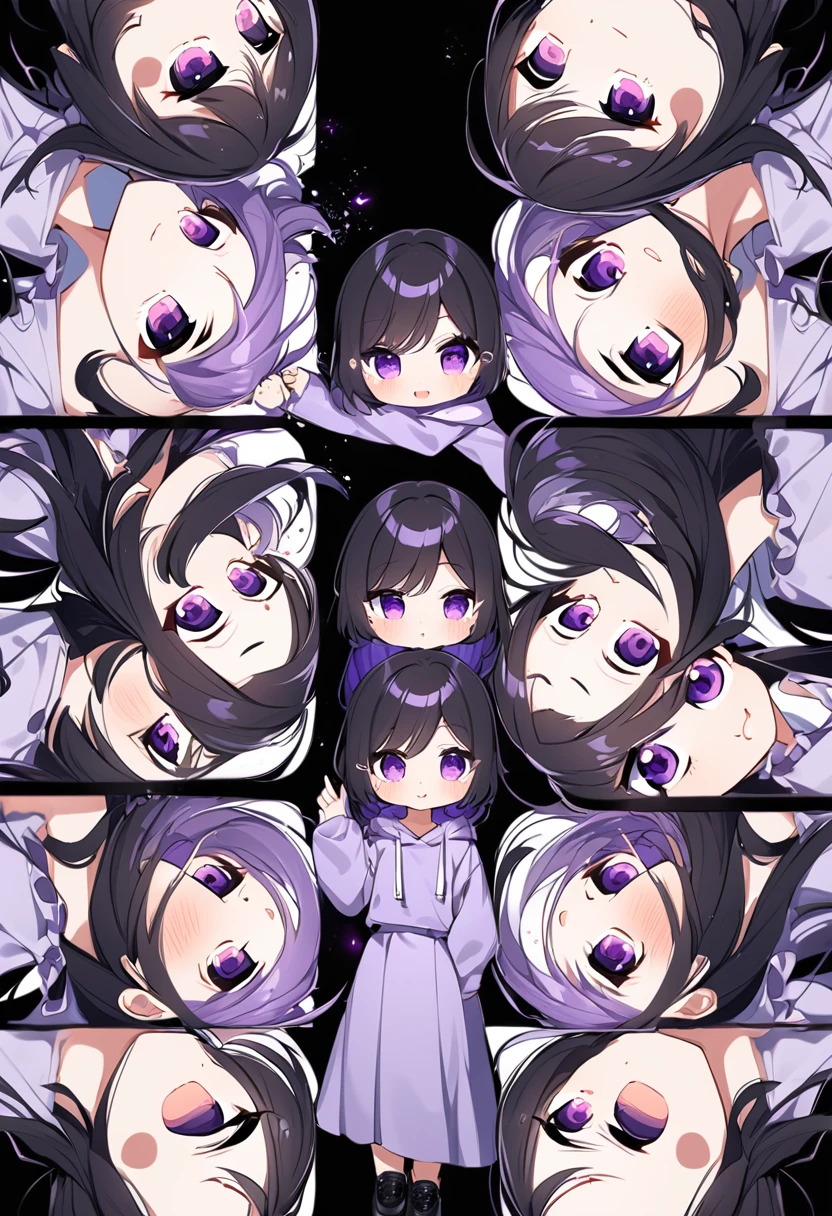 Keito。Purple hoodie。Black Skirt。Purple Eyes。Black Hair。Black shoes下。Black shoes。6 sistery eldest daughter has lavender hair.。all female。Sextuplets