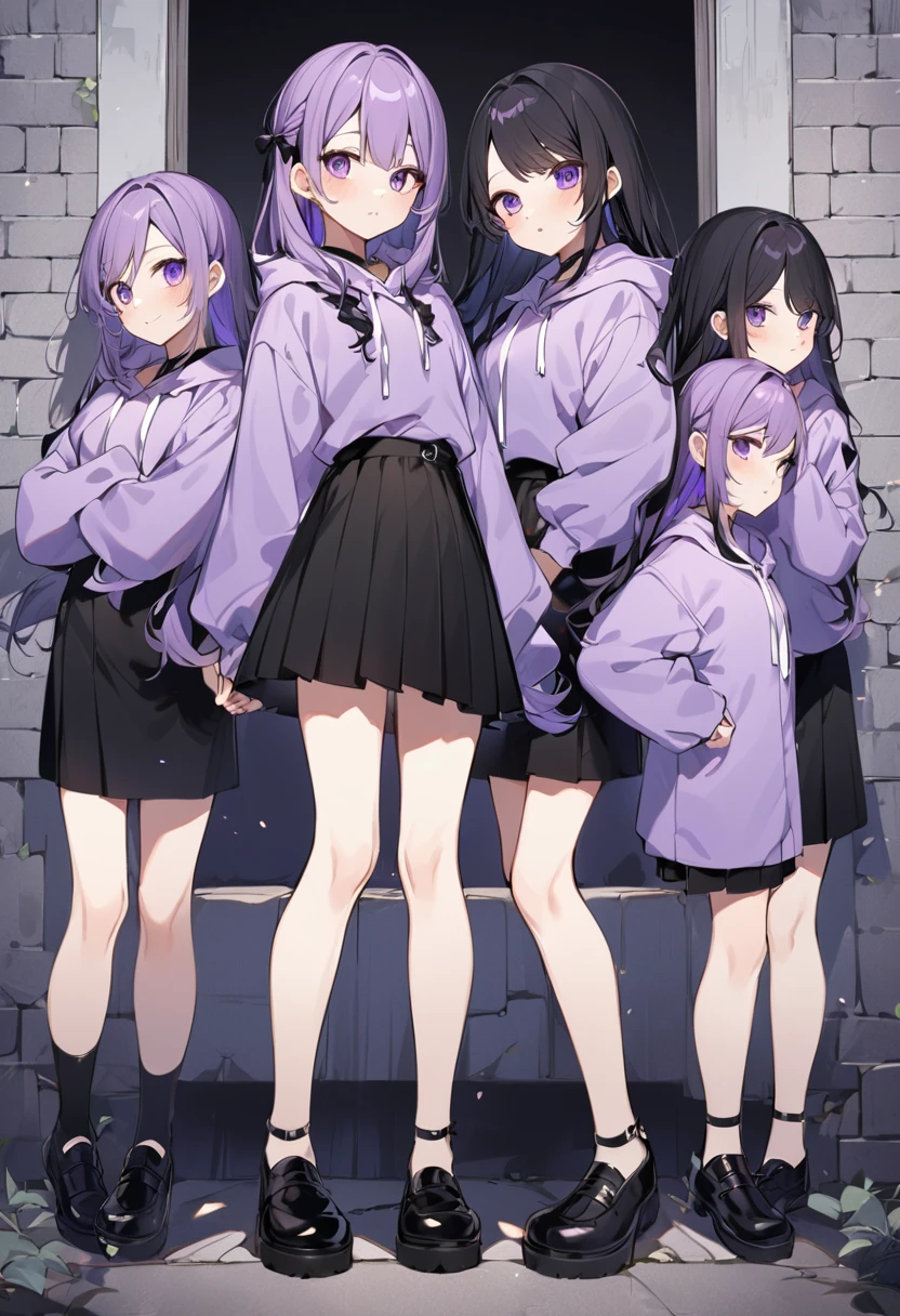 Keito。Purple hoodie。Black Skirt。Purple Eyes。Black Hair。Black shoes下。Black shoes。6 siblings。The eldest daughter has purple hair。
