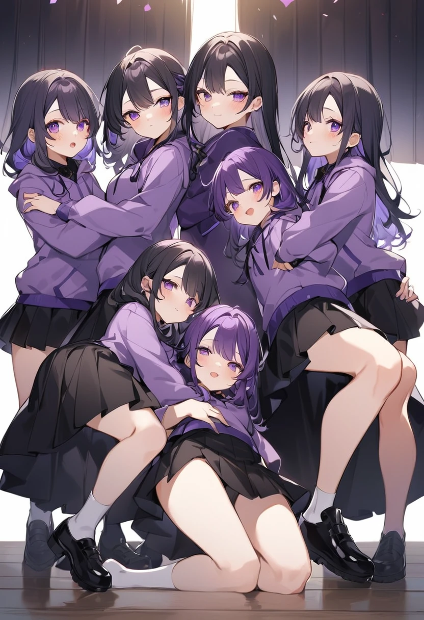 Keito。Purple hoodie。Black Skirt。Purple Eyes。Black Hair。Black shoes下。Black shoes。6 sistery eldest daughter has lavender hair.。all female。Sextuplets