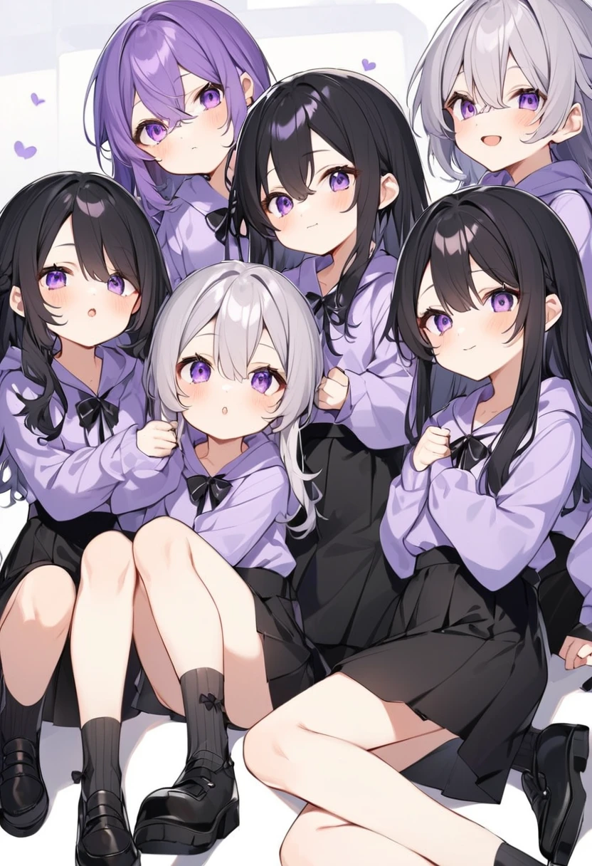 Keito。Purple hoodie。Black Skirt。Purple Eyes。Black Hair。Black shoes下。Black shoes。6 sistery eldest daughter has lavender hair.。all female。Sextuplets