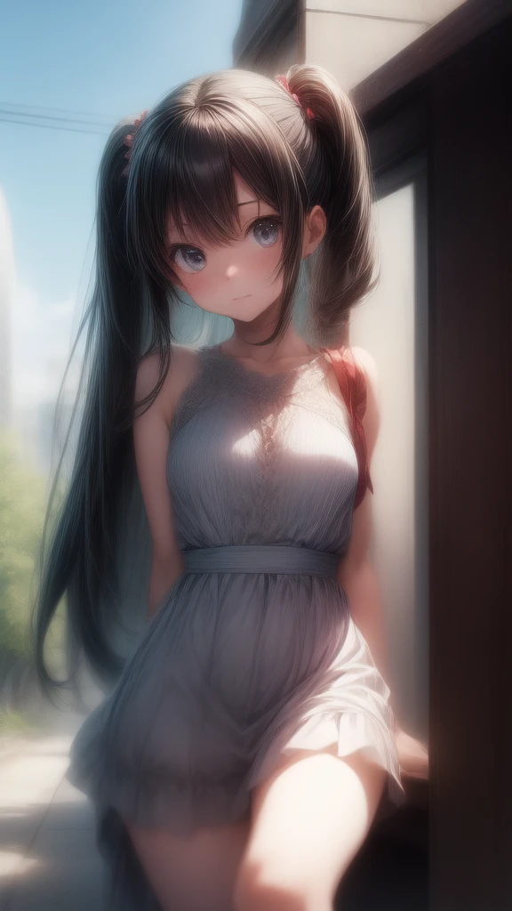 The background is in the style of Makoto Shinkai, with the viewer sitting in nature under a clear blue sky.。
Hatsune Miku in a shoulder-baring dress。
The color of the dress is white。
A sexy, mature atmosphere reminiscent of Minato Ward girls。
Hair is straight。