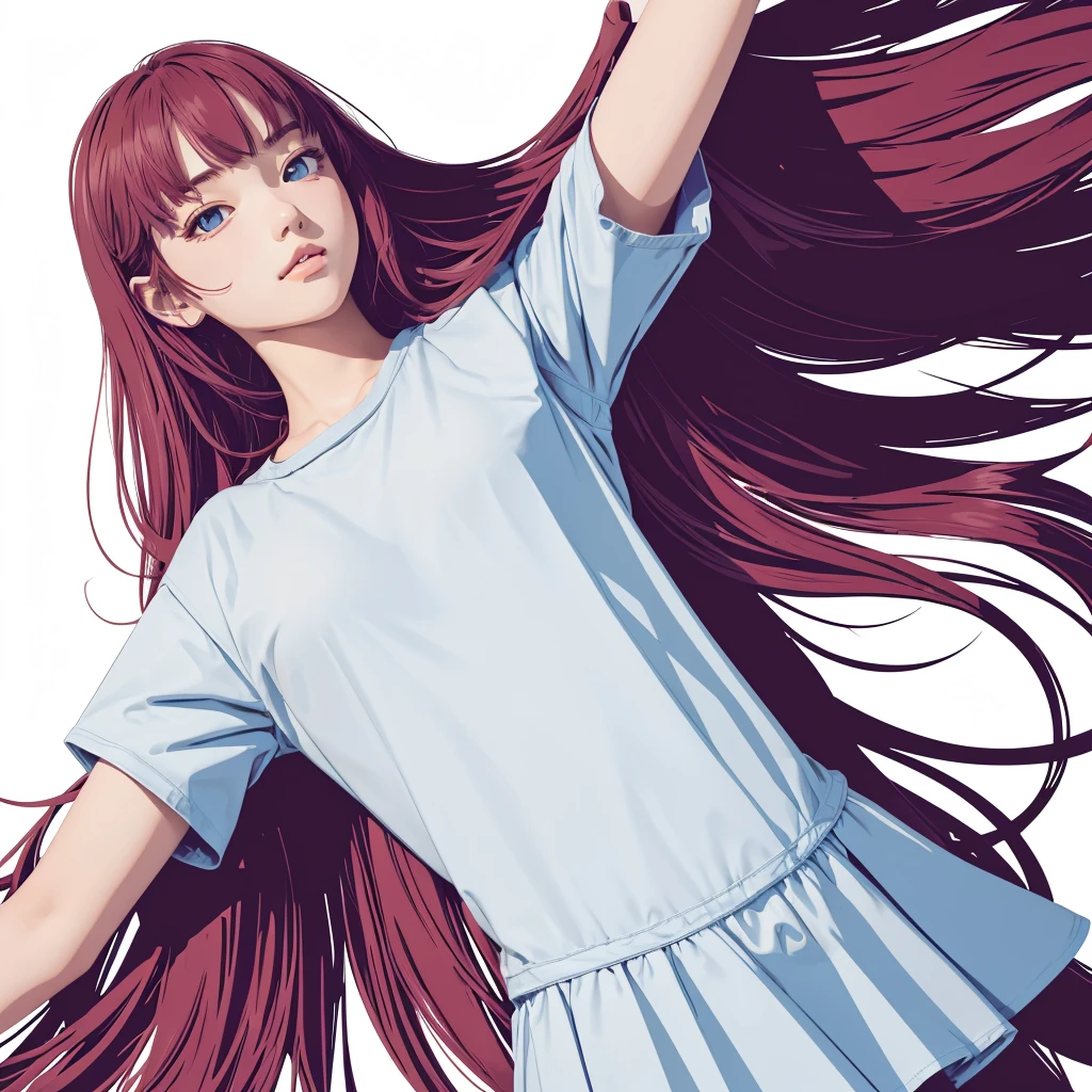 leaning back with hands out in the air,girl、high school girl、(masterpiece, highest quality, official art:1.2), (flat color:1.5),(colorful),looking at the viewer,1 girl,alone, white background, ,(2D:1.5) ,NSFW