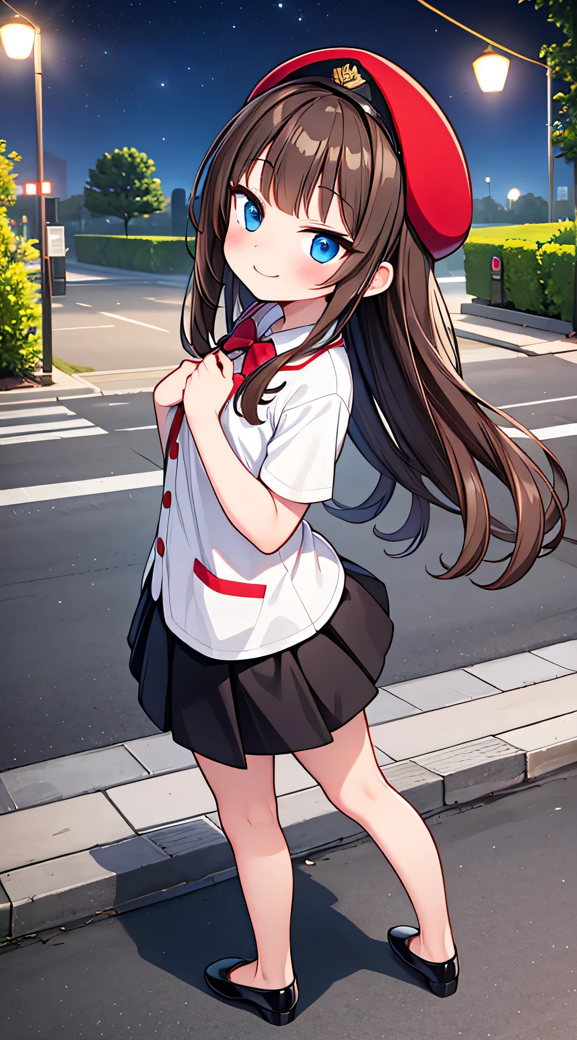 {Highest quality}, {Super beautiful},{Ultra fine},{Best illustration},Brown Hair,Hime cut,semi-long,Bangs,Standing Woman,Uniform cap,White Shirt,Short sleeve,Long black skirt,Night Park,Embarrassed,smilingly,Blushing,Slender women, A woman wearing plain black pumps,Bare feet and pumps,From an angle,From above
