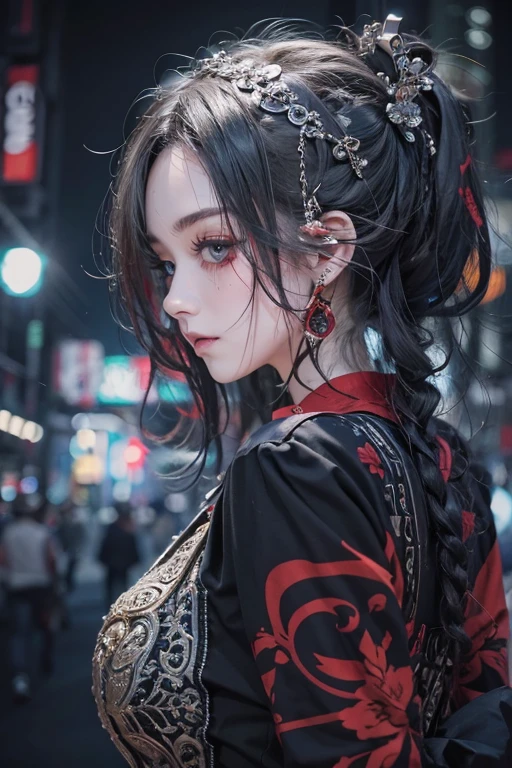 Highest quality、、masterpiece:1.3、Gothic Punk、Red on the inside、Gray Black Hair、hair ornaments、beautiful girl、creative、Punk Shirt、Neogoth、Goth Fashion:1.2、High resolution、masterpiece、Highest quality、頭w:1.3、((Hasselblad Photos))、Fine skin、Sharp focus、(Cinema Lighting)、Explore Tokyo'The city at night beyond the neon lights, Forehead open, 17 years old、Petting'Hair back、Shoulder Bare、Small red rose tattoo on the décolletage、Braided Hair