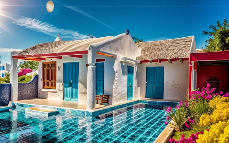 (1 santorini style house, The town house is made from white walls and some walls are painted bright blue)), beautyful light, beautyfulday, sunny, Many red bougainvilleas along the road:1.3, lovely youthful feeling :1.2, sunlight at 12 noon, Very beautiful shadows