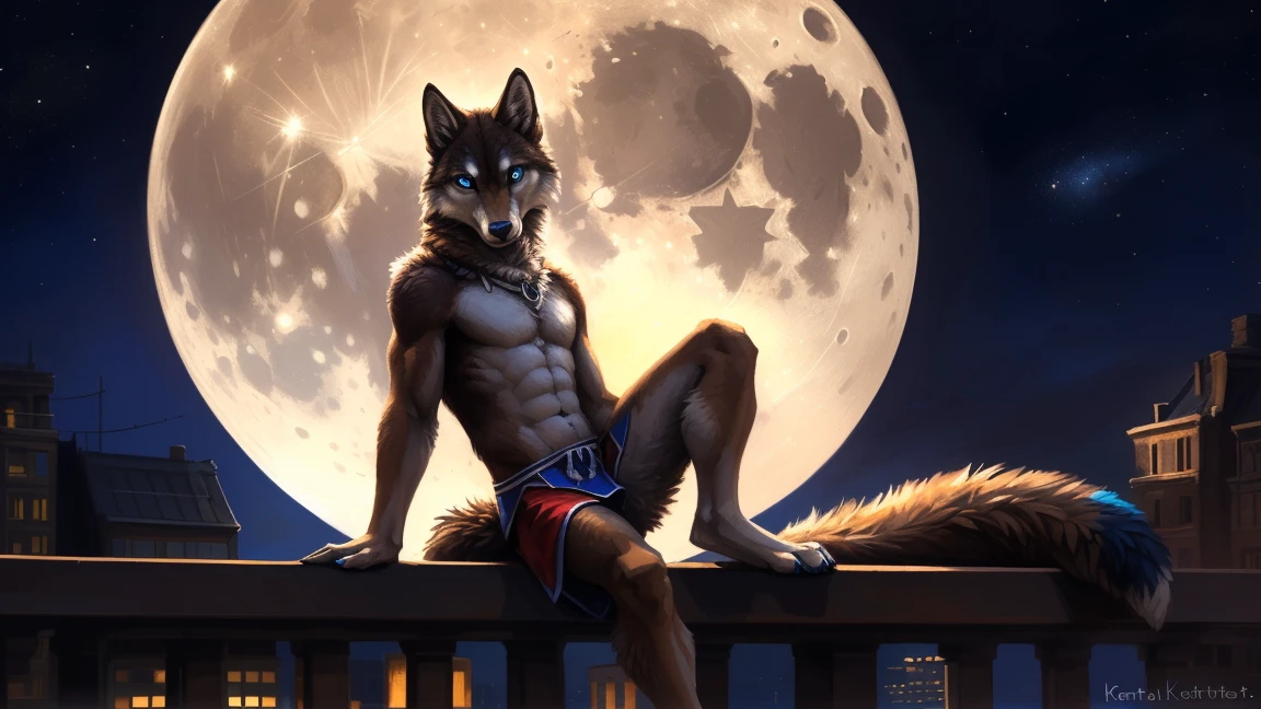 ((Solo)), male people, anthro wolf, (Multi-colored fur, White-brown:1.3), ((Wolf face, Big eyes, White eyelids, Blue pupil, Slim:1.2) (Tough, Calm expression:1.2)), (Height 2.1 meters,Tail length 1.5m), Abs, Slim, pinging, (Correct anatomy), (Contour bone:1.2), The upper body is naked, (detailed outfits), a long large tail,Feet,(Realistic fur, Detailed fur texture, labeled:1.3)), (Natural lighting), Photorealistic, Hyperrealistic, ultradetailed, by Kenket,In the modern city,Roof,the night,Sit alone,Look at the full moon,It was dark,Starry
