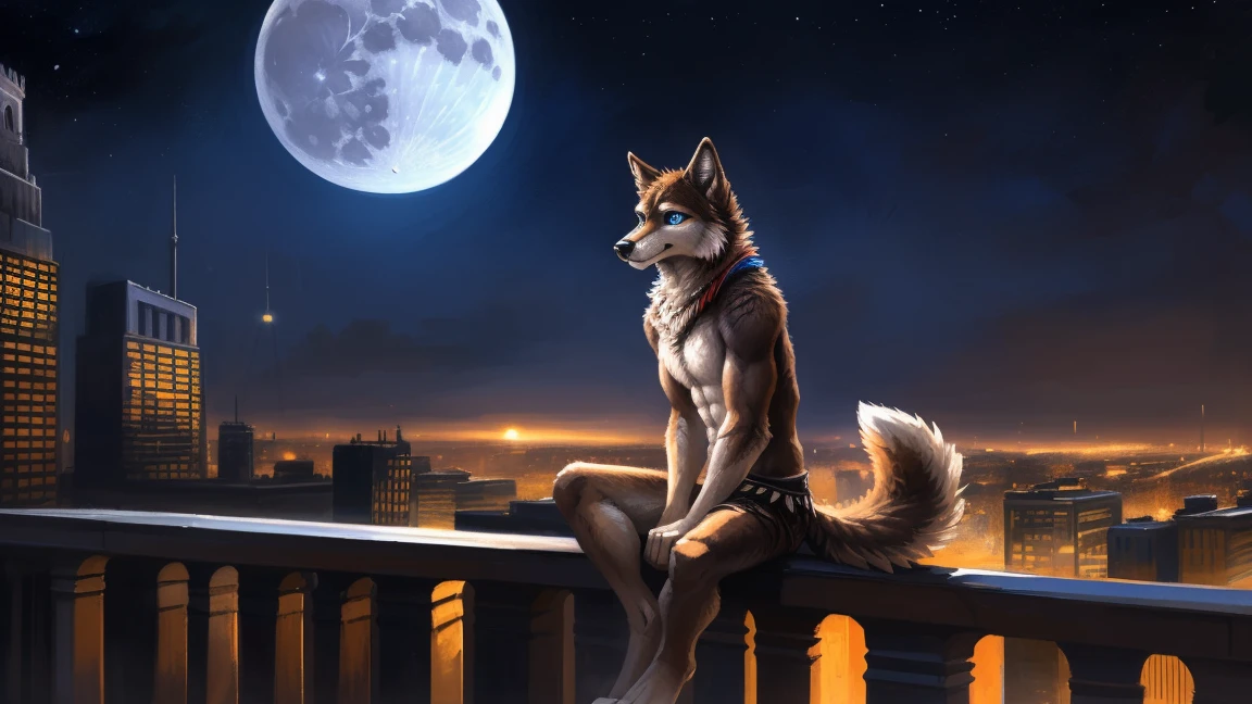 ((Solo)), male people, anthro wolf, (Multi-colored fur, White-brown:1.3), ((Wolf face, Big eyes, White eyelids, Blue pupil, Slim:1.2) (Tough, Calm expression:1.2)), (Height 2.1 meters,Tail length 1.5m), Abs, Slim, pinging, (Correct anatomy), (Contour bone:1.2), The upper body is naked, (detailed outfits), a long large tail,Feet,(Realistic fur, Detailed fur texture, labeled:1.3)), (Natural lighting), Photorealistic, Hyperrealistic, ultradetailed, by Kenket,In the modern city,Roof,the night,Sit alone,Look at the full moon,It was dark,Starry