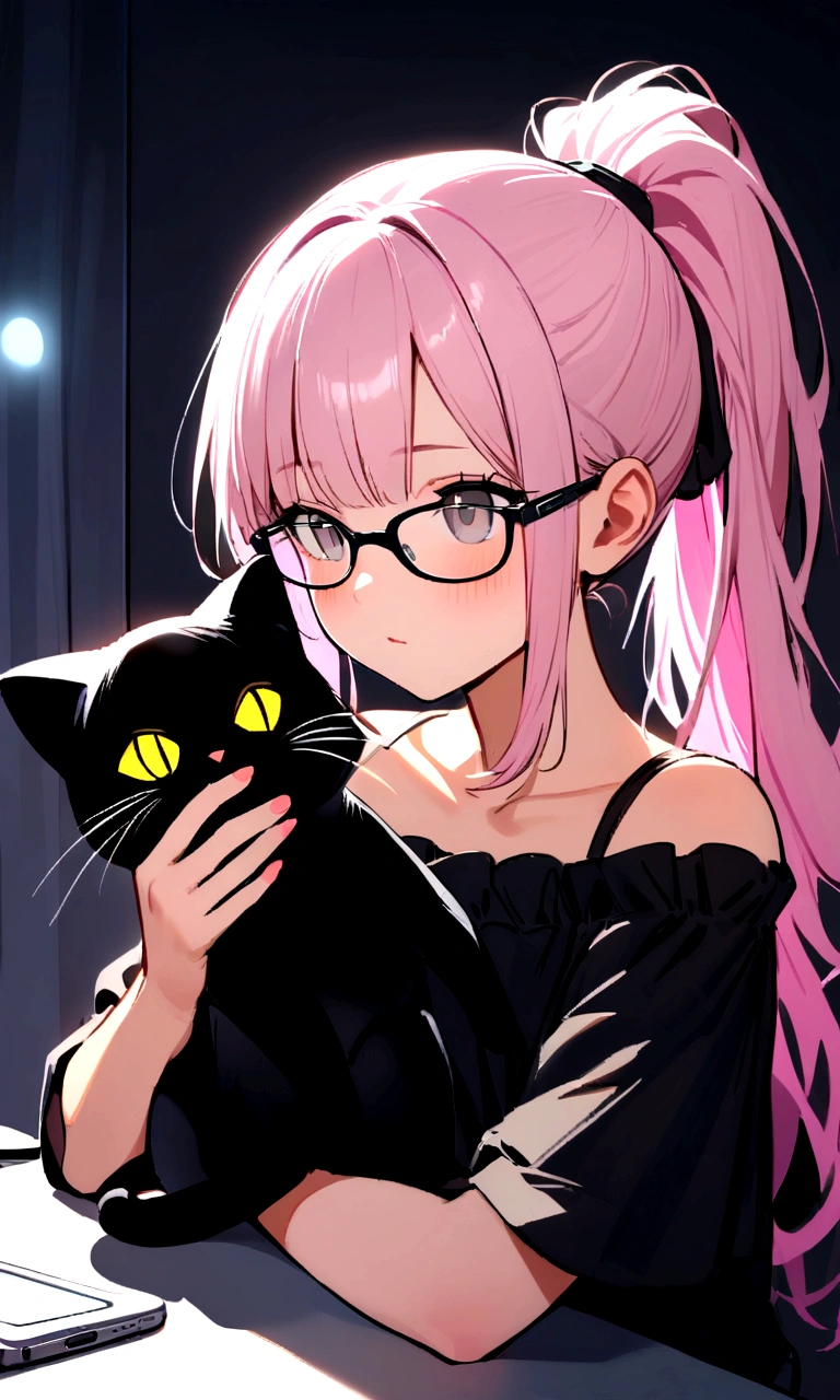 Girl with light pink hair, High Ponytail, Glasses, Gray eyes, Black shirt, Off-shoulder, Holding a black plush cat, White phone