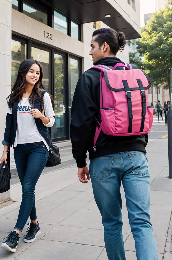 "Design an image of a trendy backpack aimed at college students. The setting should be a vibrant college campus with students walking, studying, and socializing. The backpack should have multiple compartments, a modern design, and a bold color scheme."