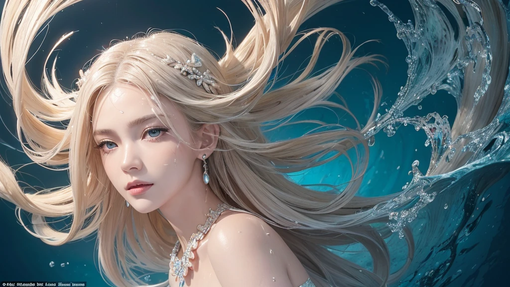 (Highest Quality Realistic Textured Skin),(terrible),(OK, round, Symmetrical eyes),Delicate facial features,(Burning bright cold eyes),(She has a mischievous smile),(Her face is kind and beautiful),Glass earrings in the ears,,(blonde),(Silvery white hair),(Chestnut Hair),(Swim at the bottom of the ocean),(Full body portrait:1.5),(Dramatic Photos:1.4),(Dramatic Pose),(Flashy photos)(look up),(Looking down),(Around her neck is a simple necklace made with exquisite craftsmanship.),Cluttered photos,(Hair flowing in water:1.5),(Underwater, Life at sea, 美しいCoral Reef, fish),(Background vortices and currents),(Dramatic Light),(Nice views),(美しいfishに囲まれて),遠くの背景にはCoral Reefに沈んだ寺院が見える,Coral Reef,Spectacular realism,Cinematic atmosphere,(High-density image review:1.5),(Soft colors:1.2),Very detailed,Dramatic Light,(Intricate details:1.1),Complex background,