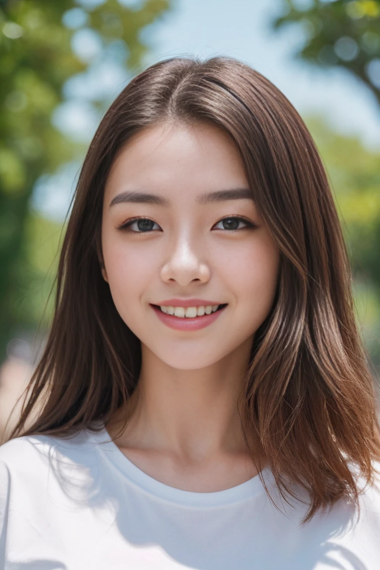 (8K、Raw photo、Highest quality、masterpiece:1.2)、(Realistic、Photorealistic:1.37)、Ultra-detailed、超A high resolution、Female college student、Beautifully detailed face、Laughter、narrow、(Narrow waist) :1.3)、Short sleeve T-shirt、Beautifully detailed skin、Skin Texture、ponytail、Professional Lighting、Tokyo、Human whole body、Brown Hair