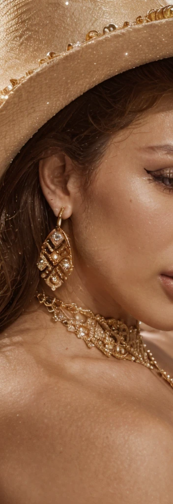 (best quality,8k,highres,masterpiece:1.2),photography,cinematic,woman's cowboy hat, modern luxury photography,close up photograph of sparkly crystal cowboy hat,upscale,brown skin female model,wearing rhinestone cowboy boots, NUDE, NAKED, ,,curvy, curly hair, Adriana Lima supermodel, professional makeup,gold hoop earrings