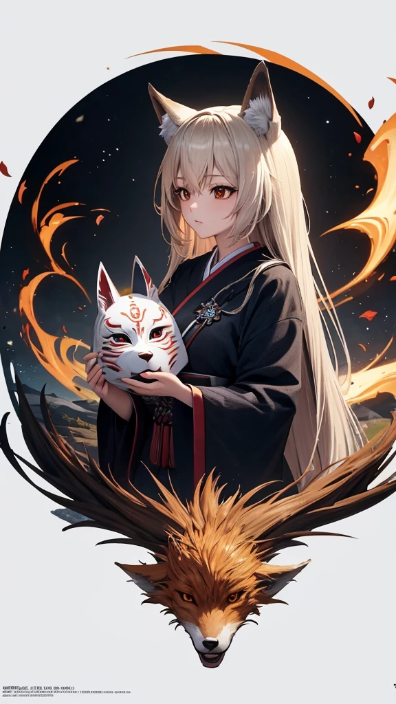 One girl,alone,, Official Art, unity 8k wallpaper, Super detailed, beautiful and aesthetic, beautiful, masterpiece, Highest quality,, Fox Witch, Fox Mask Template, Haori, Foxfire spells, Fox Familiar, conversion,