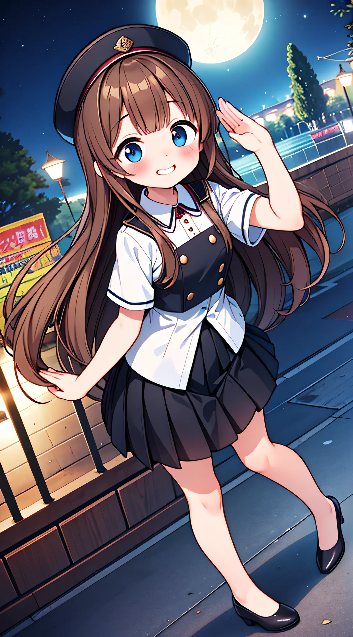 {Highest quality}, {Super beautiful},{Ultra fine},{Best illustration},Brown Hair,Hime cut,semi-long,Bangs,Standing Woman,Uniform cap,White Shirt,Short sleeve,Long black skirt,Night Park,Embarrassed,smilingly,Blushing,Slender women, A woman wearing plain black pumps,Bare feet and pumps,From an angle,From above,salute
