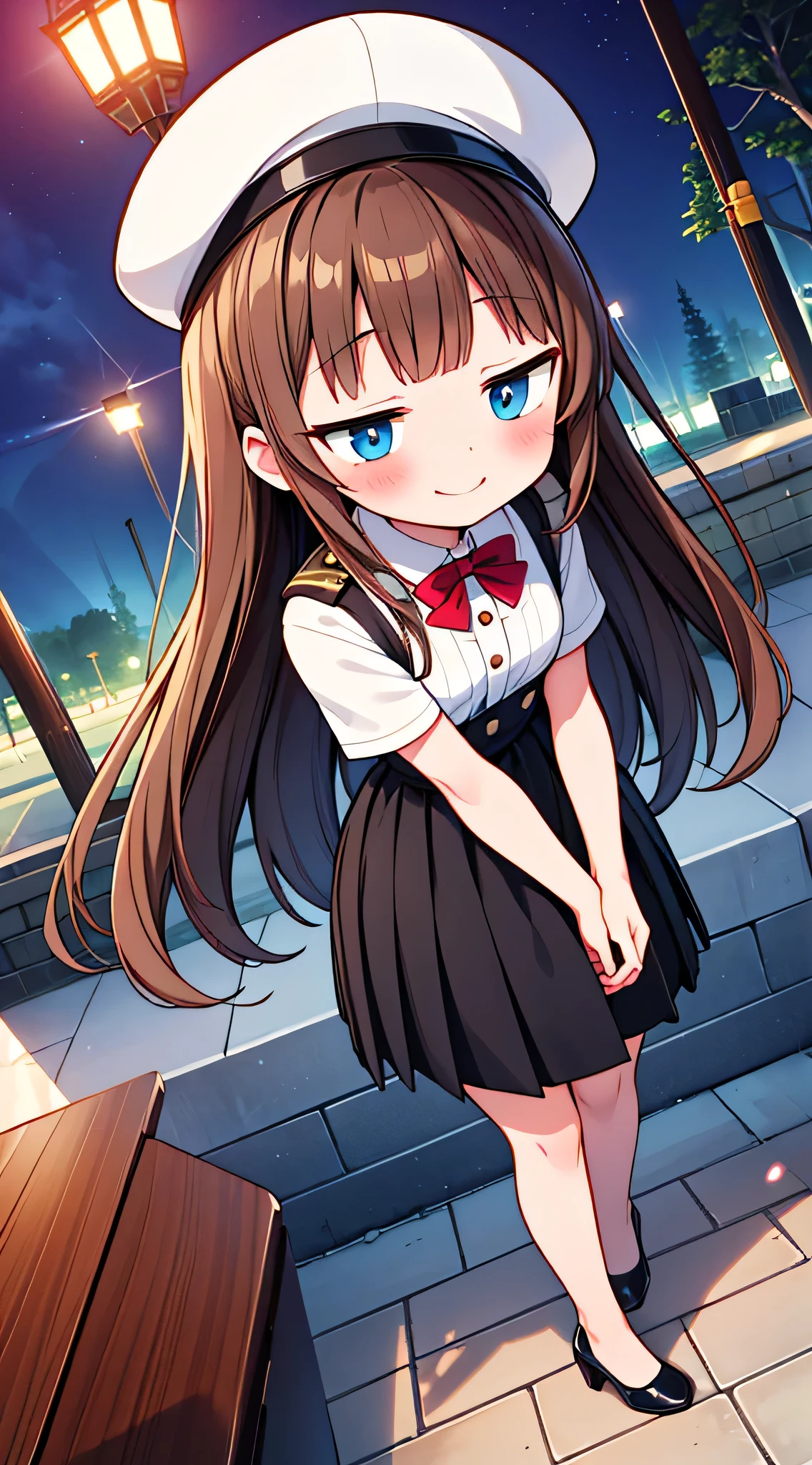 {Highest quality}, {Super beautiful},{Ultra fine},{Best illustration},Brown Hair,Hime cut,semi-long,Bangs,Standing Woman,Uniform cap,White Shirt,Short sleeve,Long black skirt,Night Park,Embarrassed,smilingly,Blushing,Slender women, A woman wearing plain black pumps,Bare feet and pumps,From an angle,From above,salute