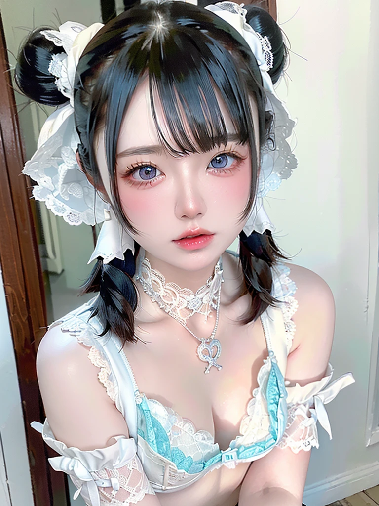 ((Highest quality)),(Ultra-high resolution),(Very detailed),(Detailed Description),((The best CG)),(masterpiece),Very detailedなアート、Small breasts、Whitening 1.5、Translucent white skin、(((Light blue and white lace bra 1.5)))、High Leg 1.4、Ribbon hair ornament、(((Twin Tail Hairstyle 1.5)))Tying up hair、With bangs、Glitter Necklace、Ultimate Beauty 1.5、((( 1.5)))、、(((Mid shot photo 1.5)))、(((1.5)))、