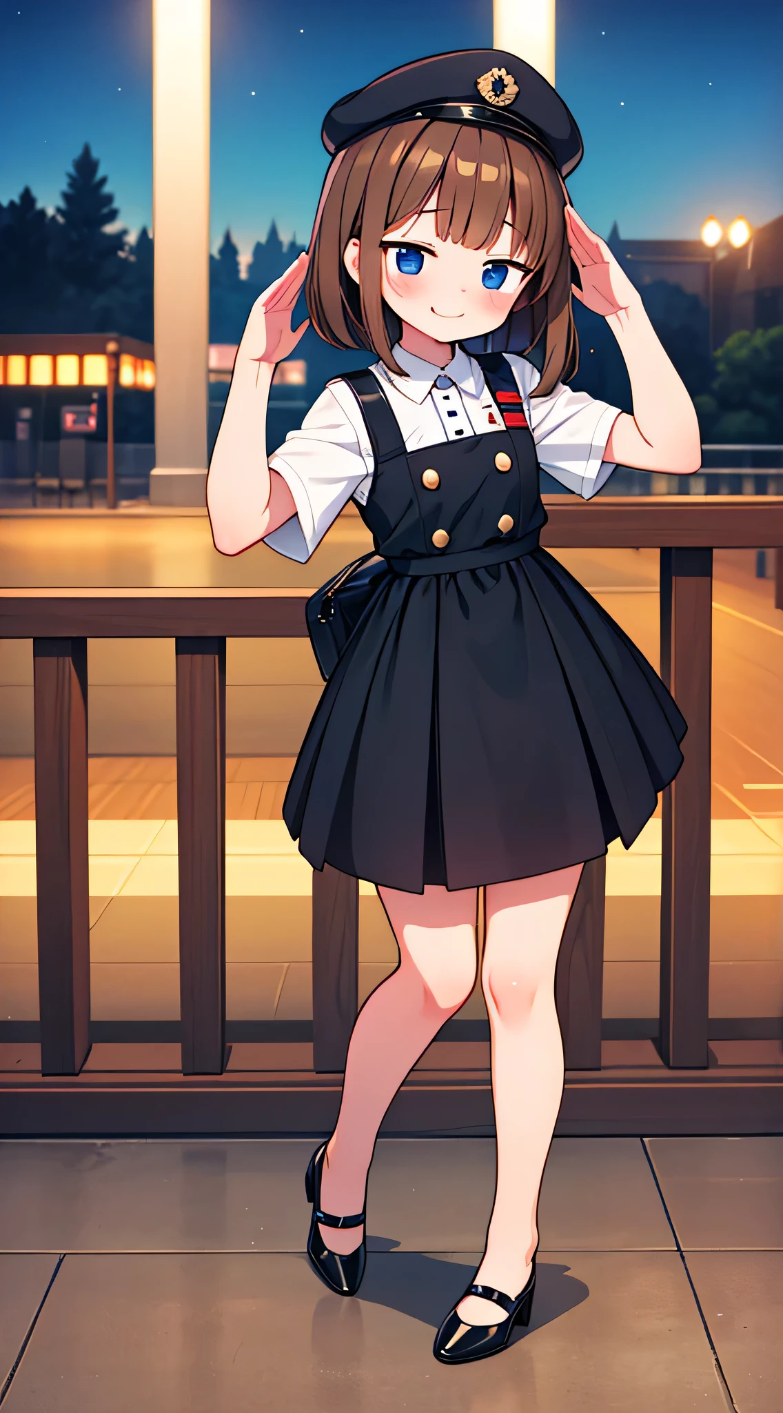 {Highest quality}, {Super beautiful},{Ultra fine},{Best illustration},Brown Hair,Hime cut,semi-long,Bangs,Standing Woman,Uniform cap,White Shirt,Short sleeve,Long black skirt,Night Park,Embarrassed,smilingly,Blushing,Slender women, A woman wearing plain black pumps,Bare feet and pumps,From an angle,From above,salute