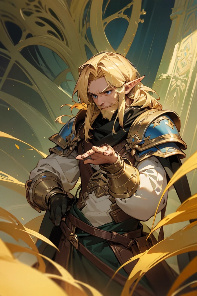 masterpiece, best quality, ultra high resolution, 1man, elven armor, male, fantasy illustration, elf, pointy ears, (old man), art by Kinema Citrus, (dirty blonde hair), blue eyes, wrinkles, beard