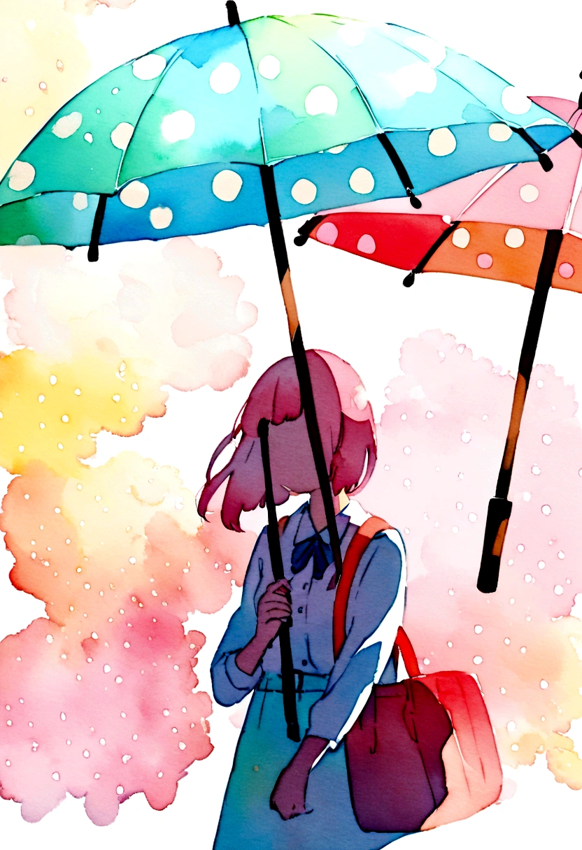 watercolor style,Stylish animated Japanese highschool girl transparent silhouette, brightly colored umbrellas and polka dot background,