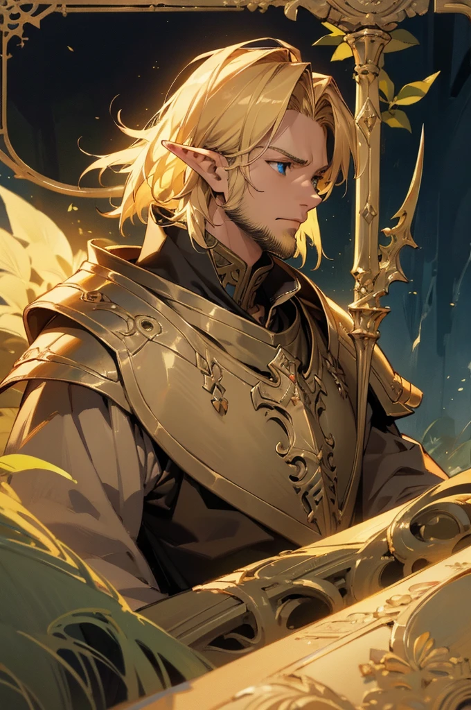 masterpiece, best quality, ultra high resolution, 1man, elven armor, male, fantasy illustration, elf, pointy ears, (old man), art by Kinema Citrus, (dirty blonde hair), blue eyes, wrinkles, short beard