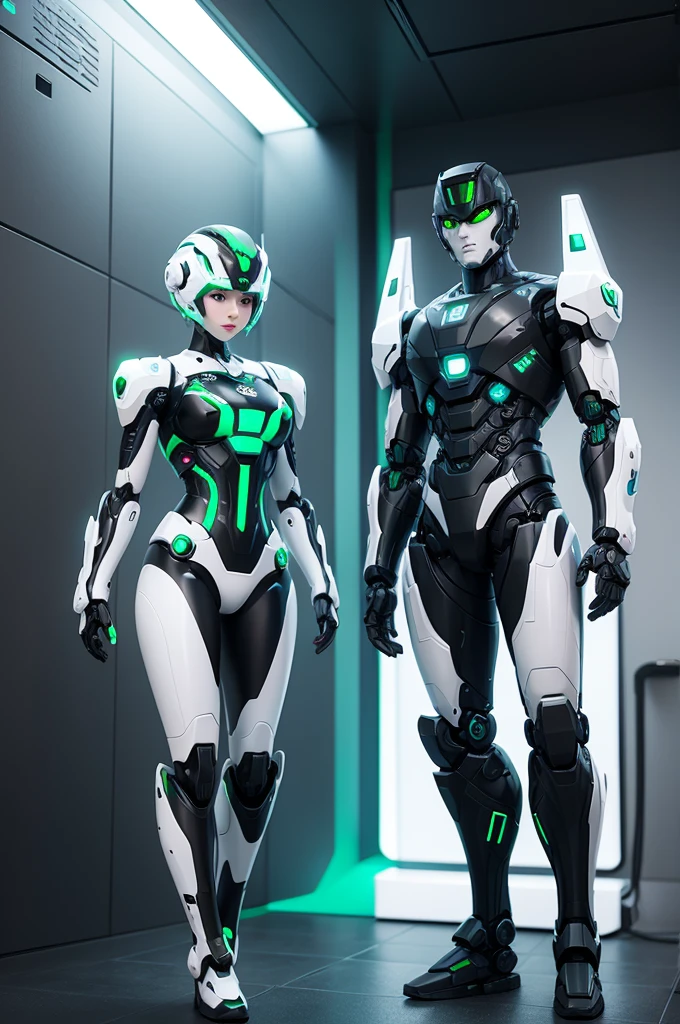 Generate science fiction robot for color company: black white and dark green towards blue