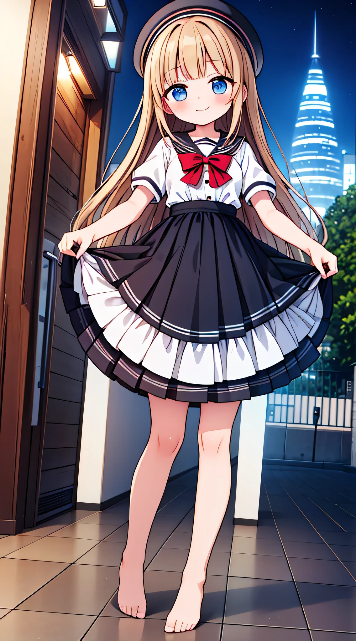 {Highest quality}, {Super beautiful},{Ultra fine},{Best illustration},Brown Hair,Hime cut,semi-long,Bangs,Standing Woman,Uniform cap,White Shirt,Short sleeve,Long black skirt,Night Park,Embarrassed,smilingly,Blushing,Slender women, A woman wearing plain black pumps,Bare feet and pumps,From an angle,From above